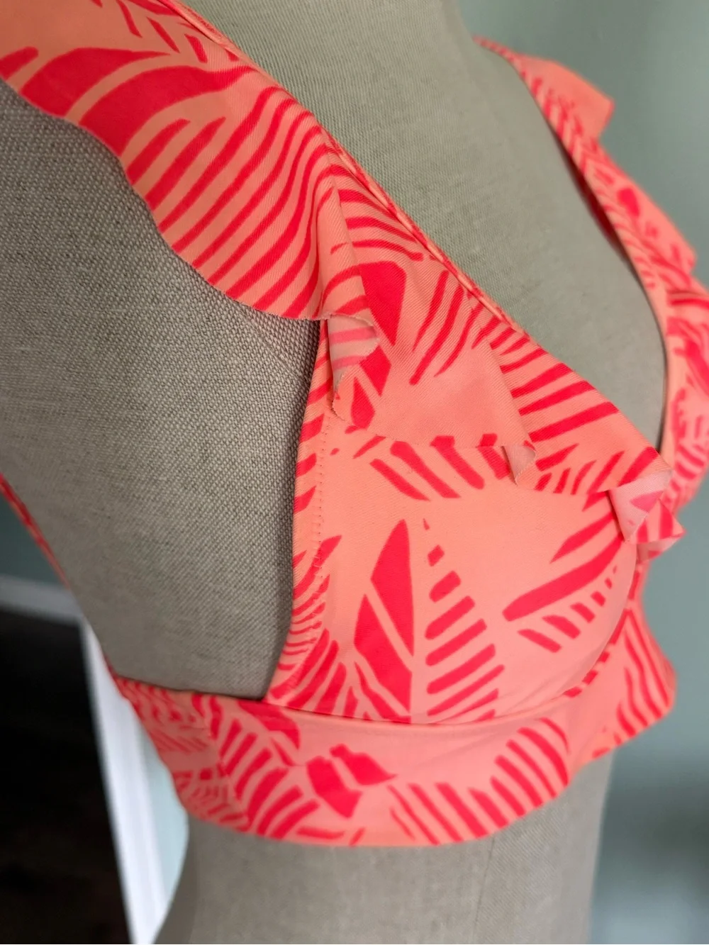 Aerie Neon Orange Pink Ruffle Triangle Swimsuit Top Size Small